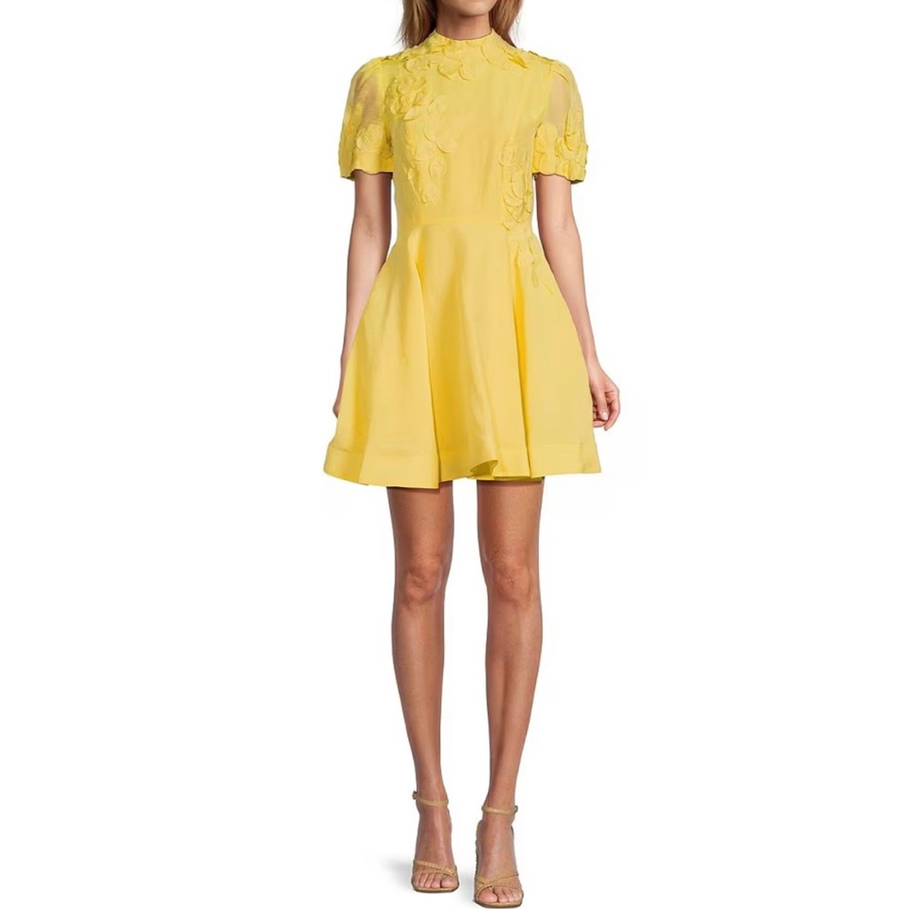 Antonio Melani - Iris Linen Blend Floral Applique Mock Neck A-Line Mini Dress